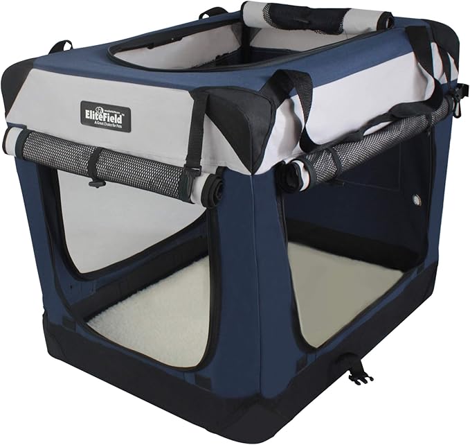 EliteField 4-Door Folding Soft Dog Crate with Curtains, Carrying Bag and Fleece Bed (2 Year Warranty), Indoor & Outdoor Pet Home (36" L x 24" W x 28" H, Navy Blue +Gray)