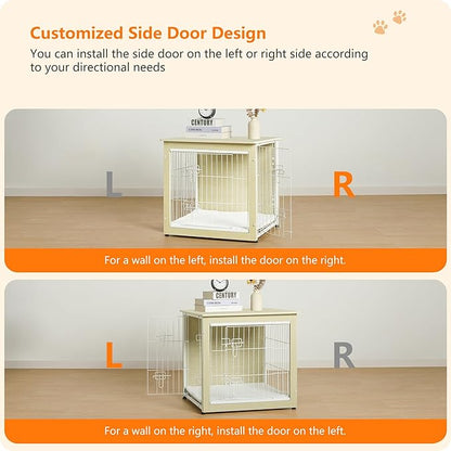 DWANTON Dog Crate Furniture with Cushion, Wooden Kennel Table with Double Doors, Indoor Dog House, Small/Medium/Large Size, 27.2" L, White Oak