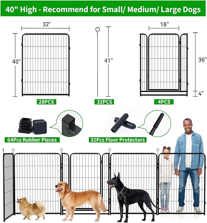 Kfvigoho Dog Playpen Outdoor Extra Wide 32 Piece Panels Heavy Duty Dog Fence 40" Height Anti-Rust with Doors Portable for RV Camping Yard, Total 84FT, 561 Sq.ft, Snowy Black