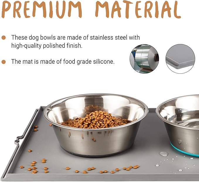 PEGGY11 Deep Stainless Steel Anti-Slip Dog Bowls with Silicone Mat - 2 Bowls + Mat, 6 Cups