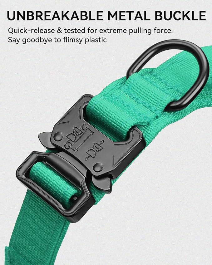 Joytale Tactical Dog Collar with Handle and Metal Buckle, Heavy Duty Padded Military Collar with 2 Patches for Training, Adjustable for XLarge Dogs, Teal, XL