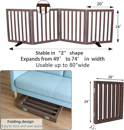 Dog Gate Indoor, Freestanding Dog Fence for The House, Doorways, Hallways,or Stairs,Pet Gate Foldable Wooden,Expandable 24" Height 4 Panels,Brown