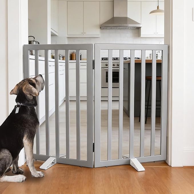 ZJSF Freestanding Indoor Dog Gate for House Foldable Wood Puppy Gate for Doorways Pet Gate for Stairs Extra Wide Pet Fence, Grey, 32" Height 2 Panels