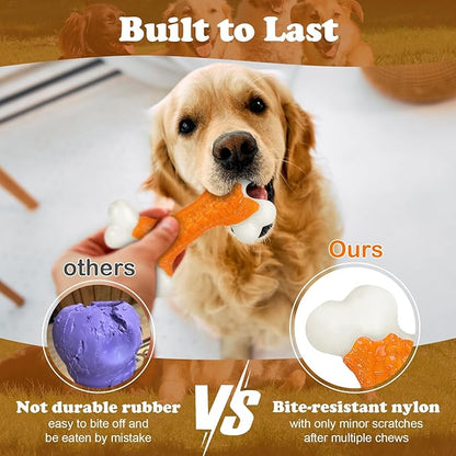 Kseroo 10-Pack Indestructible Dog Toys for Aggressive Chewers: Peanut Butter Flavored Hard Nylon Bone Chew Toys, Tough Dog Chew Toys, Dog Toys to Keep Them Busy for Medium Large Dogs, Orange