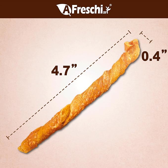 A Freschi srl Turkey Tendons for Dogs, USA-Sourced, Healthy Dog Treats, Rawhide-Free Puppy Chews, All Natural, Hypoallergenic Dog Treats, Turkey Tendon Wrapped Chicken Stick, 3.5 oz Pack