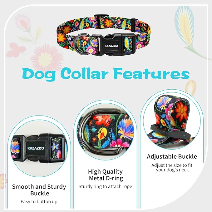 Kazazoo Dog Collar Cute and Soft Nylon Puppy Collar for Boy and Girl, Adjustable Dog Collars for Small Medium Dogs, Tropical-S