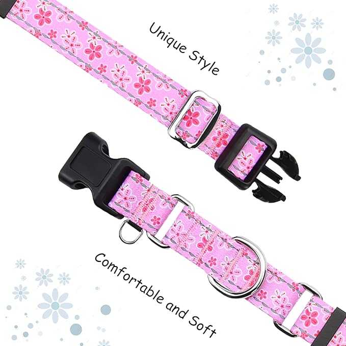 Reflective Martingale Collar for Dogs with Quick Release Buckle Cute Girl Female Flower Dog Collars (Pink Floral, Small)