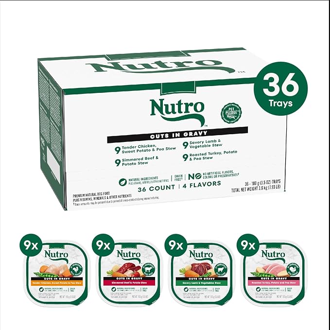 Nutro Natural Choice Cuts in Gravy Wet Dog Food,Grain Free Dog Food Wet Recipes,Beef,Lamb,Chicken,and Turkey Variety Pack,3.5 oz. Trays,36 Count (Pack of 2)