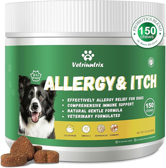 Dog Allergy Chews, Dog Itch Relief Chews for Paw Licking Itchy Skin, Probiotics with Omega-3 Turmeric Astragalus for Large Dogs Coat Immune Supplement-150ct