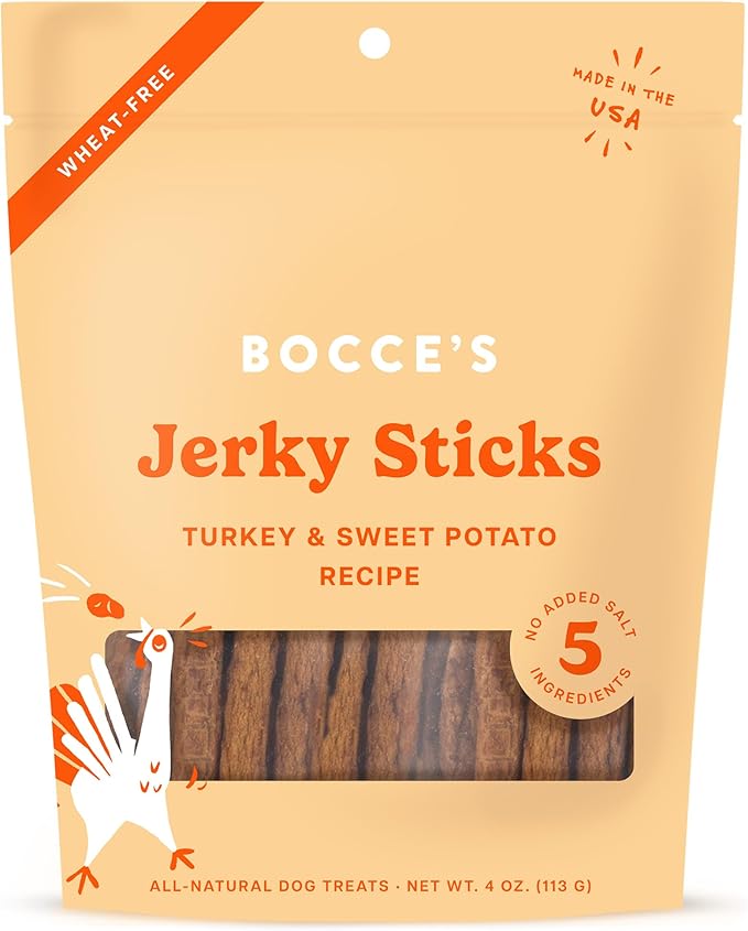 Bocce's Bakery Jerky Stick Dog Treats, Wheat-Free, Made with Limited-Ingredients, Baked in The USA with No Added Salt or Sugar, Natural & High-Protein, Turkey & Sweet Potato, 4 oz