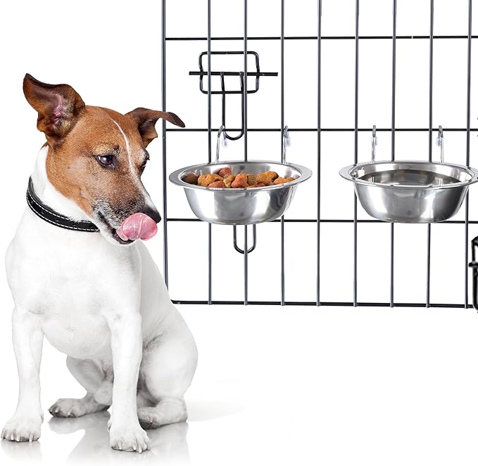 Set of 2 Stainless-Steel Dog Bowls - Cage, Kennel, and Crate Hanging Pet Bowls for Food and Water - 20oz Each and Dishwasher Safe by PETMAKER,Silver