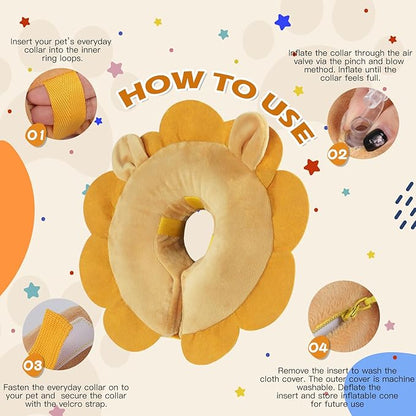 IEUUMLER Inflatable Recovery Dog Collar, Protective Donut Cone, Adjustable Soft Collar for Dog and Cat After Surgery Prevent from Biting & Scratching EU002 - Brown Lion M