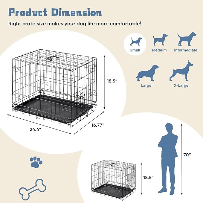 DUMOS Dog Crate, 24 Inch Medium Single Door Dog Cage with Plastic Leak-Proof Pan Tray, Folding Metal Wire Pet Kennel for Indoor, Outdoor, Travel