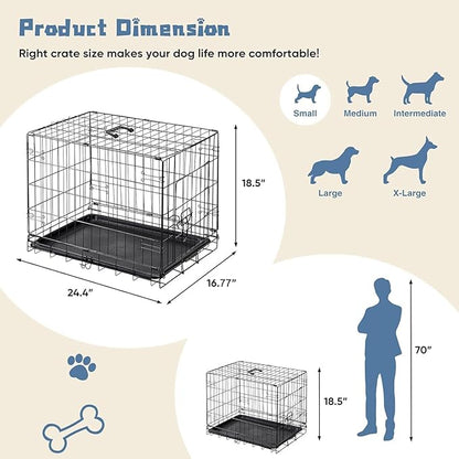 DUMOS Dog Crate, 24 Inch Medium Single Door Dog Cage with Plastic Leak-Proof Pan Tray, Folding Metal Wire Pet Kennel for Indoor, Outdoor, Travel