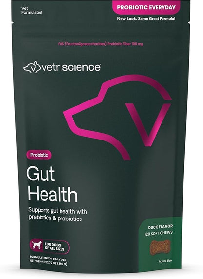 VetriScience Gut Health Chews, Probiotic Everyday Digestive Supplement for Dogs, Pet Probiotics for Digestion Support, Gas and Diarrhea, Immune Support, 1 Billion CFU Per Chew, Duck, 120 Count