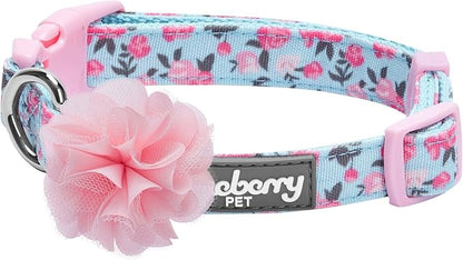 Blueberry Pet Made Well Cute Floral Print Adjustable Dog Collar in Light Blue with Pink Silk Flower, X-Small, Neck 7.5-10", Dog Collars for Small Dogs, Puppy Collar, Extra Small Dog Collar