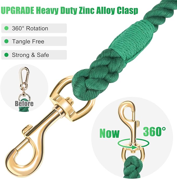 Dog Leash 5 FT Handmade Braided Cotton Rope Leashes for Small Medium and Large Dogs, New Golden Heavy Duty Metal Clasp, Dark Green