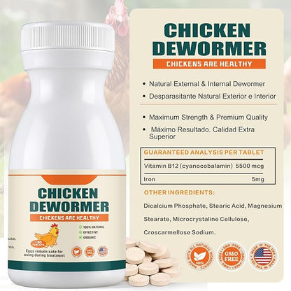 Miguelina Dewormer for Chickens and Poultry, Natural Formula, Vitamin for Roosters Turkeys, Safe for Laying Hens, 120 Tablets