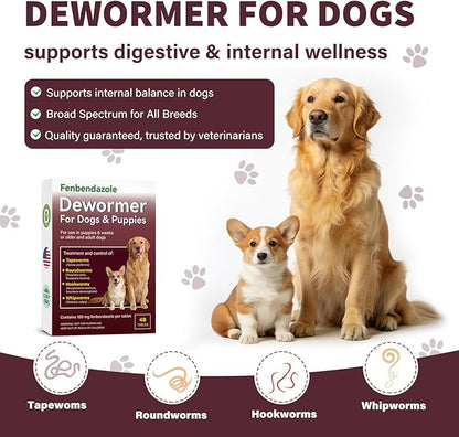 Dog Dewormer for Dogs & Puppies, Fenbendazole All Wormers Tablets for Tapeworms, Roundworms, Hookworms & Whipworms, 48 Count