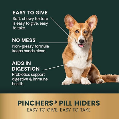 VetriScience Pinchers Pill Hiders Chews, Non-Greasy with Probiotics for Dogs, Disguise Small Capsules and Tablets, Soft and Chewy, Gut and Immune Support, Chicken, 45 Count