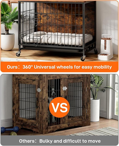 Furniture Style Dog Crate With Removable Tray and Wheels, 2024 New Heavy-Duty Double-Doors Cage End Table, 27.2" Wooden Kennel, Indoor House for Large Dogs, Brown