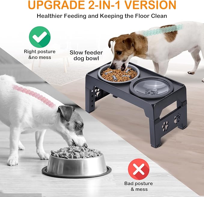 LALOBLUE Elevated Dog Bowls, Raised Dog Bowl with 2 Stainless Steel Dog Food Bowls, Dog Bowls Stand Adjusts to 5 Heights 2.95", 8.46", 9.65", 10.82", 12.01" for Small Medium Large Dogs Cats Pets,Black