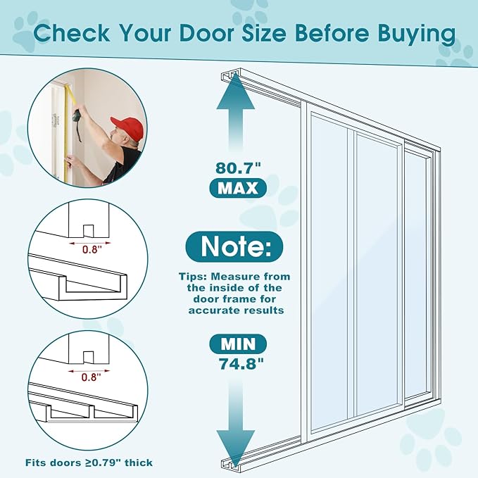 MOPHOTO Dog Door for Sliding Glass Door, Adjustable Height 74.8"-80" Glass Pet Door, No-Drill Insert Installation, Rental-Friendly Sliding Pet Door with Security Lock & Weather Stripping, White