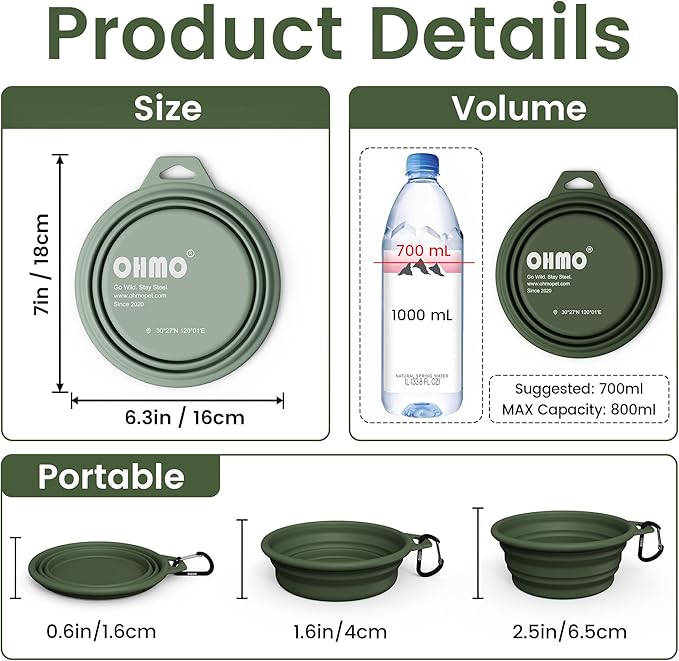 OHMO Collapsible Dog Water Bowls w/Built-in Stainless Steel Ring – 2pcs Large 27oz/800ml Portable Silicone Pet Feeding Bowl for Hiking, Camping, Travel