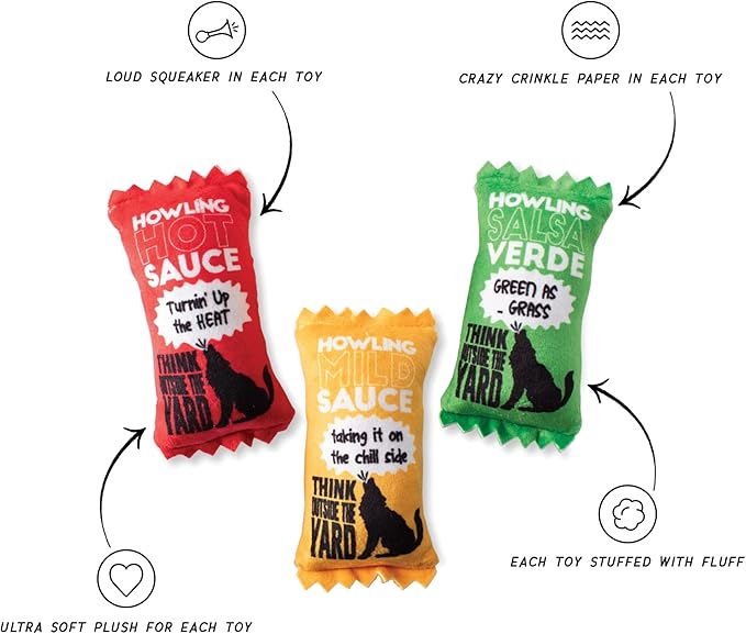 Fringe Studio Plush Dog Toy, Howling HOT Sauce, 3 Piece Set, for Small Dogs, Wagsdale Dog Toy Collection (289510), Multi-Colored
