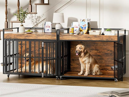 2PCS 43 Inch Dog Crate Furniture, Heavy Duty Dog Kennel with 3 Doors, 2 Adjustable Bowls and Lockable Wheels, Wooden Dog House for Large Dogs, End Table Dog Cage, Rustic Brown