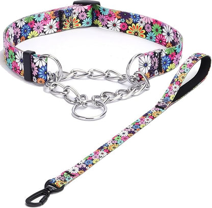 Martingale Dog Collar with Stainless Steel Chain - Limited Chain Cinch Training Collar for No Pull Training Dog - Flower Multicolor Cute Patterns - Premium No Slip Collar (XL, Fireworks Set)