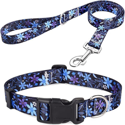 Mihqy Dog Collar and Leash Set with Bohemia Floral Tribal Geometric Patterns - Soft Ethnic Style Collar Adjustable for Small Medium Large Dogs(Blue Floral Set,L)