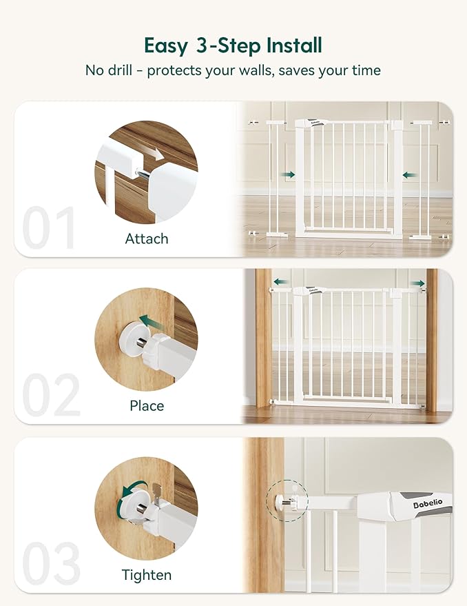 Babelio Metal Baby Gate, 29-48" Auto Close Easy Install Pet Gate, Extra Wide Walk Thru Child Safety Gate, Pressure Mounted Dog Gate for Doorways & Stairs, with Y Spindle Rods, White
