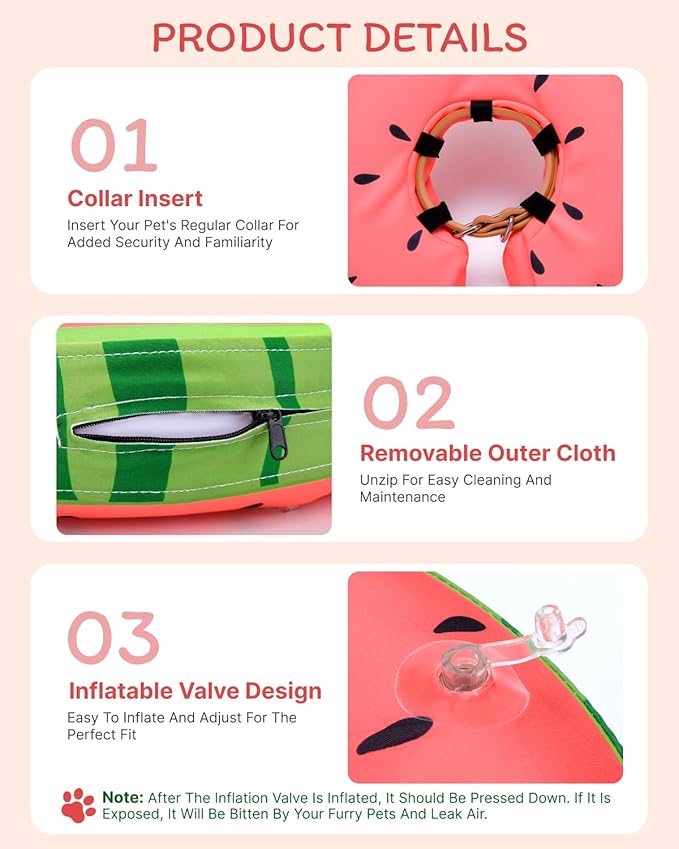 MIDOG Dog Cone Collar for Large Medium Dogs, Soft Inflatable Dog Cone Alternative After Surgery, Adjustable Protective Recovery Cone - Alternative E Collar Does Not Block Vision (Watermelon,S)