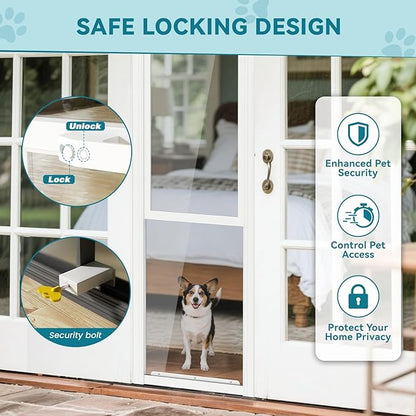MOPHOTO Dog Door for Sliding Glass Door, Adjustable Height 80.7"-86.6" Glass Pet Door, No-Drill Insert Installation, Rental-Friendly Sliding Pet Door with Security Lock & Weather Stripping, White