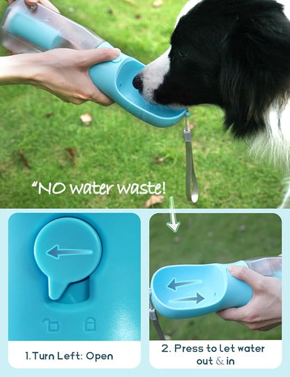 Portable Water Bottle for Small Dogs, 3 in 1 Pet Travel Bowl Dispenser with Food Treat Container & Poop Bag Holder, Summer Hiking Walking Accessories for Puppy On The Go - Blue, 10oz