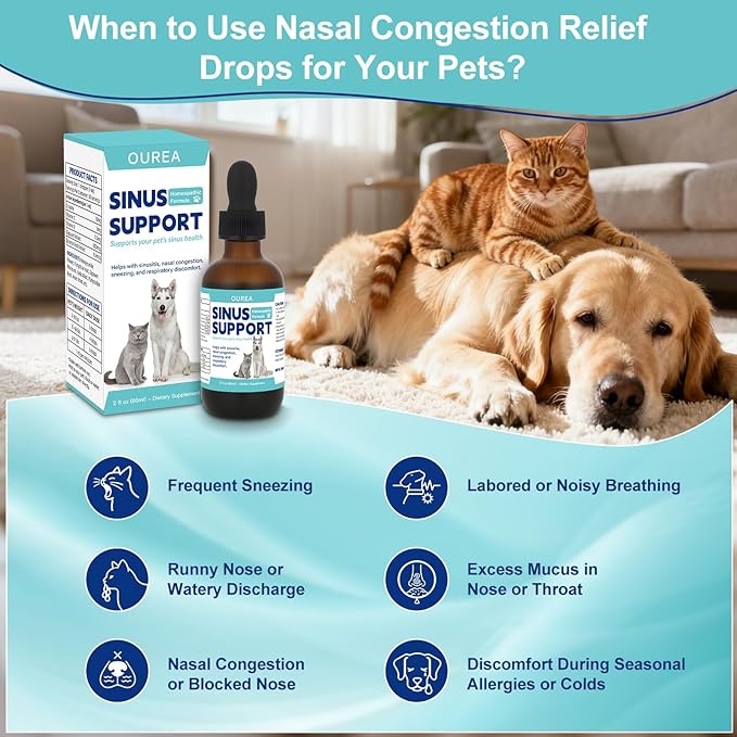 Nasal Congestion Relief Drops for Cats and Dogs, Sinus Support Supplement for Pets, Helps with Sneezing Runny Nose & Respiratory Comfort, Cat Dog Sinus Relief for Supports Clear Breathing