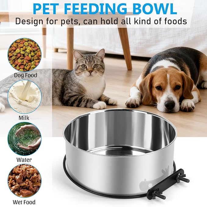 Dog Bowl for Crate, ShineMe 2 Pack 54oz & 34oz Nonslip Rubber Bottom Stainless Steel Food a Water Kennel Bowls Mountable on Cage Dog Hous