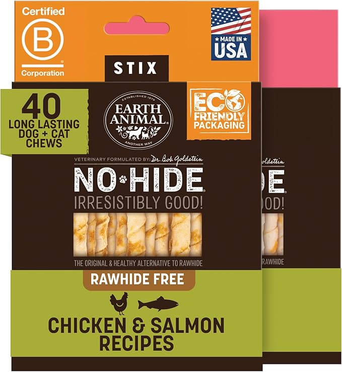 Earth Animal No Hide Stix - Long Lasting Rawhide Free Small Dog Chews Sticks, Chicken & Salmon Variety Bundle - 40 Count Value Pack