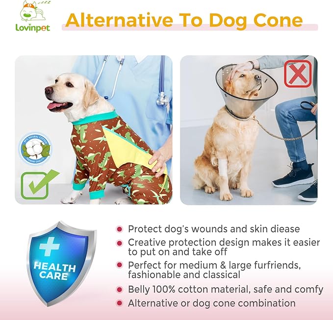 LovinPet Dog Recovery Suit - Medium Large - Dog's Bodysuit Wound Protective Surgical,E-Collar Alternative Recovery Bodysuit for Abdominal Wounds After Surgery Anti-Licking,Dinosaur,Green,XXL