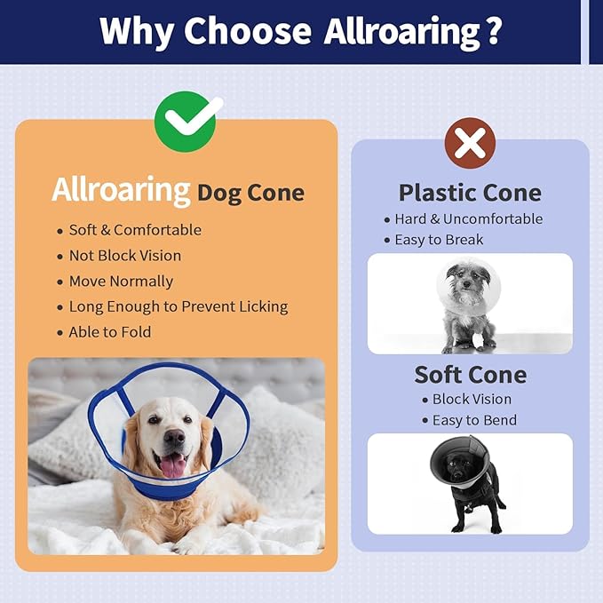 Allroaring Dog Cone Alternative, Soft Dog Cones for Large Dogs, Adjustable Doggie Recovery Cone Collar Comfy Pet Elizabethan Collars to Stop Licking for Wound Healing Care Spay Neuter, Blue L