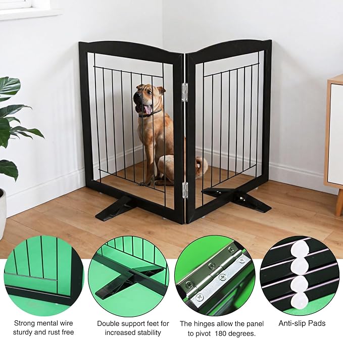 ZJSF Freestanding Dog Fence Indoor, Foldable Dog Gate for Doorways, Stairs or Hallways, Sturdy Wood Extra Wide Pet Gate with Support Feet for The House, Black, 32 "Height-2 Panels