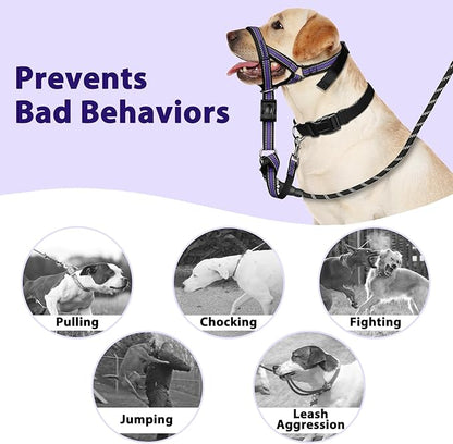 BARKLESS Soft Dog Head Collar, Patented Padded No Pull Head Halter, Training Nose Leash with Safety Link for Medium Large Dogs, Adjustable Muzzle Leash, Easy Control for Walking (M, Purple)