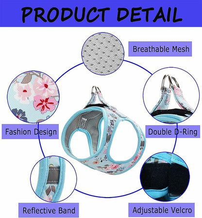 Moonpet Step in Dog Harness Leash Set- All Weather Reflective No-Pull Floral Pattern Padded Mesh Vest Harness for Cats Puppy Extra-Small Small Medium Large Dogs - Bell Orchid - S