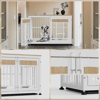Heavy Duty Dog Crate Furniture for Large Dogs, Decorative Pet House End Table with 2 Feeder Bowls, 42.9 Inch Large Wooden Cage Kennel Furniture Indoor for Medium Dog with Bottom Tray