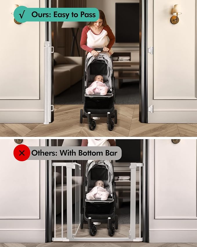 Retractable Baby Gates, Mesh Dog Gate for Doorways, 33.6" Tall, Expands to 71" Wide,Pet Safety Essential Fit for Baseboards, Wide Toddlers Gates for Hallways, Indoor & Outdoor,White