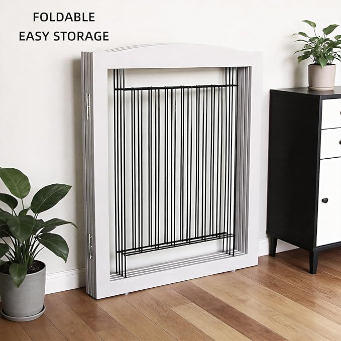 ZJSF Freestanding Dog Fence Indoor, Foldable Dog Gate for Doorways, Stairs or Hallways, Sturdy Wood Extra Wide Pet Gate with Support Feet for The House, Grey, 32 "Height-4 Panels