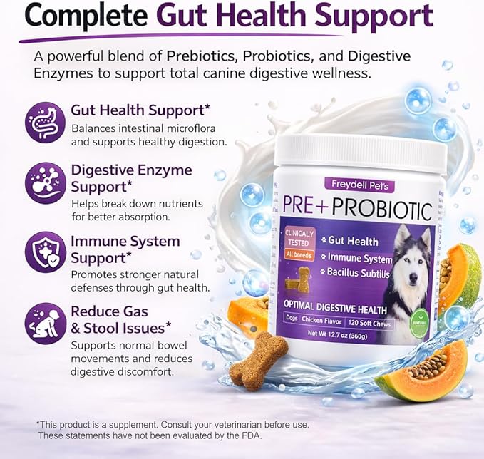 Freydell Pets Probiotics for Dogs– Digestive Enzymes, Prebiotics & Fiber Soft Chews – Gut Health, Diarrhea Relief, Yeast Balance, Immune Support, Pumpkin & Papaya – Dog Probiotic Supplement 120 Chews