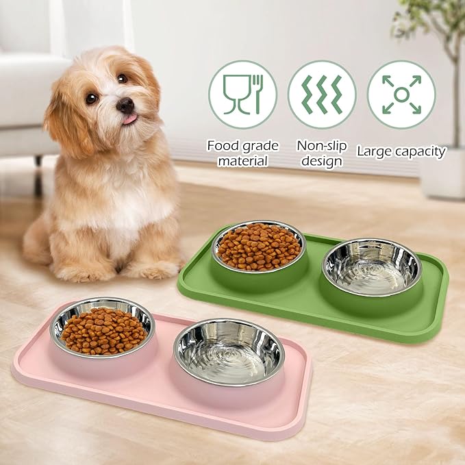 BNOSDM 2 Pcs Double Dog Food Bowls Stainless Steel Small Dog Food and Water Bowls with Non-Spill Plastic Mat Pet Cat Feeder Dish Set for Puppy Cats Kitten (Pink and Drak Green)