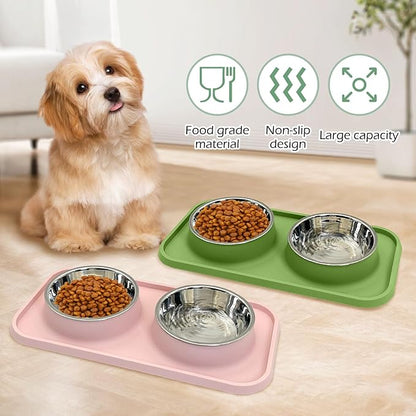 BNOSDM 2 Pcs Double Dog Food Bowls Stainless Steel Small Dog Food and Water Bowls with Non-Spill Plastic Mat Pet Cat Feeder Dish Set for Puppy Cats Kitten (Pink and Drak Green)